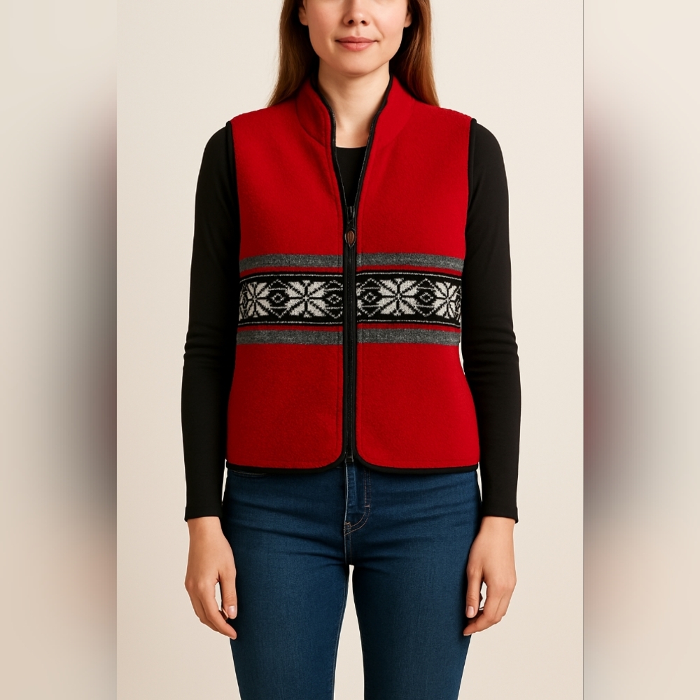 Mercer Island Women's Red Zip-Front Vest with Nordic Stripe Small Winter Spring